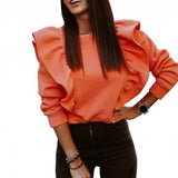 O Neck Ruffle Blouse Shirt Long Sleeve Thick Pullover Top