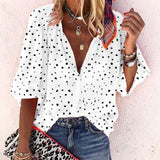 Print Shirt Women V Neck Long Sleeve Button Tops Casual Loose Blouse