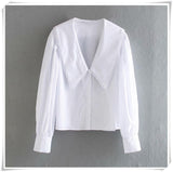 Basic white peter pan collar women blouse long sleeve office ladies shirt