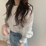 Embroidery Lace Shirt Women Long Sleeve Linen Cotton Blouse Femme Casual White Top