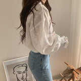 Embroidery Lace Shirt Women Long Sleeve Linen Cotton Blouse Femme Casual White Top