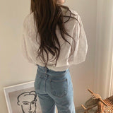 Embroidery Lace Shirt Women Long Sleeve Linen Cotton Blouse Femme Casual White Top