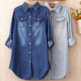 Denim Long Shirt Women Casual Cotton Jean Blouse Top Turn-down Pockets