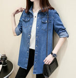 Denim Long Shirt Women Casual Cotton Jean Blouse Top Turn-down Pockets