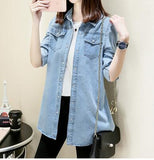 Denim Long Shirt Women Casual Cotton Jean Blouse Top Turn-down Pockets