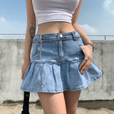 Denim Mini Pleated Skirt Ladies Summer High Waist Jeans Shorts Skirts Harajuku Women Ruffles