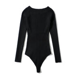 Off Shoulder Knitted Bodysuit Solid Long Sleeve Bodycon Jumpsuit Streetwear Casual Slash Neck Playsuit