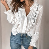 Blouse Casual Ruffles Shirt V Neck Flare Long Sleeve Hollow Out Top Office Lady Loose Blouse