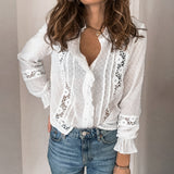 Blouse Casual Ruffles Shirt V Neck Flare Long Sleeve Hollow Out Top Office Lady Loose Blouse