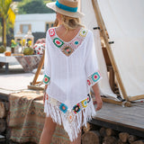 White Bikini Cover Up With Fringe Trim Women Hollow Tunic Beach Dress Summer Bathing Suit Beachwear