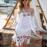 White Bikini Cover Up With Fringe Trim Women Hollow Tunic Beach Dress Summer Bathing Suit Beachwear