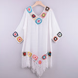 White Bikini Cover Up With Fringe Trim Women Hollow Tunic Beach Dress Summer Bathing Suit Beachwear