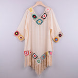 White Bikini Cover Up With Fringe Trim Women Hollow Tunic Beach Dress Summer Bathing Suit Beachwear