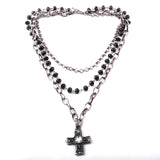 Bohemian Tribal Jewelry 3 Layer Multiple Black Glass Crystal Rosary Link Chain Cross Pendant Necklaces