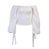 Elegant T Shirt Slash Neck Lantern Sleeve White Tops Autumn Slim Office Tee