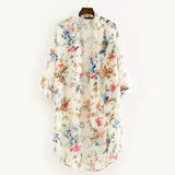 Vintage Floral Chiffon Fresh Simple Long Sunscreen Blouse Loose Shawl Kimono Cardigan Boho