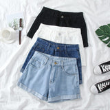 Summer Women Wide Leg Classic High Waist Black Denim Shorts Casual Female Solid Color White Blue Loose Jeans Shorts