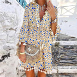 Summer V Neck Tassel Beach Dress Spring Vintage Floral Print 3/4 Sleeve Party Dress Women Casual Loose