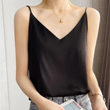 Shiny Satin Silk T-shirt Women Harajuku Sleeveless Tee Tops Casual Female Luxury