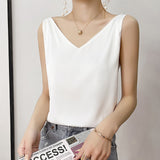 Summer Shiny Satin Silk Tshirt Women Harajuku T Shirt Women Sleeveless Tee Tops Casual Female Luxury