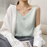 Summer Shiny Satin Silk Tshirt Women Harajuku T Shirt Women Sleeveless Tee Tops Casual Female Luxury