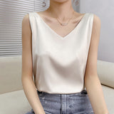 Summer Shiny Satin Silk Tshirt Women Harajuku T Shirt Women Sleeveless Tee Tops Casual Female Luxury