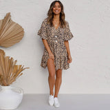 Summer Style Women Mini Leopard Dress Summer Print Ruffles Short Sleeve V Neck