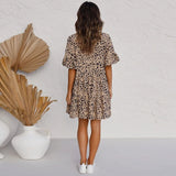 Summer Style Women Mini Leopard Dress Summer Print Ruffles Short Sleeve V Neck