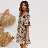 Summer Style Women Mini Leopard Dress Summer Print Ruffles Short Sleeve V Neck