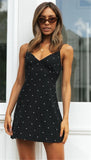 Polka-Dot Halter V-Neck Sleeveless Women Black White Slim Beach Mini Dress