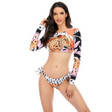 Surfing Swimsuit For Women Bikini Long Sleeve Swimwear Tiger Print Push Up Summer Bath Suit Two Piece Bandeau