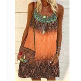 Bohemian Dress Women Vintage Printed Spaghetti Strap Sundress Lady Casual Loose Sleeveless Mini Beach Dress