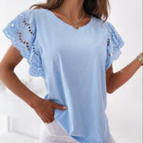 Summer Hollow Out Stitching T-Shirt Casual O-Neck Ruffle Short Sleeve Top Elegant