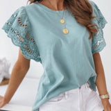 Summer Hollow Out Stitching T-Shirt Casual O-Neck Ruffle Short Sleeve Top Elegant