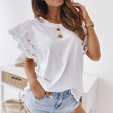 Summer Hollow Out Stitching T-Shirt Casual O-Neck Ruffle Short Sleeve Top Elegant