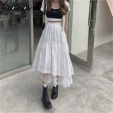 Gothic Lace Stitching Irregular Pleated Skirt Women Vintage High Waist Long Skirt Solid Hip Hop Streetwear