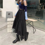 Gothic Lace Stitching Irregular Pleated Skirt Women Vintage High Waist Long Skirt Solid Hip Hop Streetwear