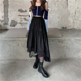 Gothic Lace Stitching Irregular Pleated Skirt Women Vintage High Waist Long Skirt Solid Hip Hop Streetwear