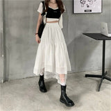 Gothic Lace Stitching Irregular Pleated Skirt Women Vintage High Waist Long Skirt Solid Hip Hop Streetwear