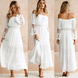 Strapless Long Sleeve Sundress Women White Beach Dress Summer Loose Off Shoulder Lace Boho