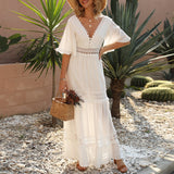 Casual Stitching Embroidery Maxi Dress Bohemian White Summer Short Sleeve Women Beach Dress V-neck Vestidos