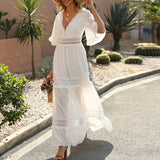 Casual Stitching Embroidery Maxi Dress Bohemian White Summer Short Sleeve Women Beach Dress V-neck Vestidos