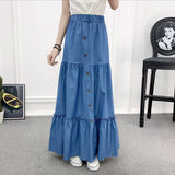 Denim Skirts Womens Elastic High Waist Button Shirring Patchwork Ruffle Long Maxi Skirt Jeans