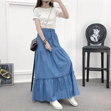 Denim Skirts Womens Elastic High Waist Button Shirring Patchwork Ruffle Long Maxi Skirt Jeans