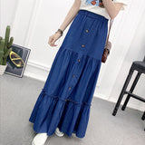 Denim Skirts Womens Elastic High Waist Button Shirring Patchwork Ruffle Long Maxi Skirt Jeans