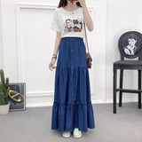 Denim Skirts Womens Elastic High Waist Button Shirring Patchwork Ruffle Long Maxi Skirt Jeans