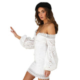 White Embroidery Elegant Spring Summer Bandage Dresses Beach Sundress Sexy Off Shoulder