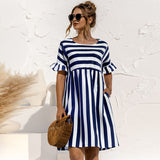 Women Summer Dress Cute Loose Striped Print Ruffles Sleeves Elegant Patchwork Beach Party Female