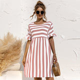 Women Summer Dress Cute Loose Striped Print Ruffles Sleeves Elegant Patchwork Beach Party Female