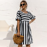 Women Summer Dress Cute Loose Striped Print Ruffles Sleeves Elegant Patchwork Beach Party Female